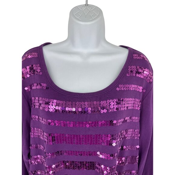 Quacker Factory Purple Sequin Striped 3/4 Sleeve Cotton Top Womens Plus Size 2X - Picture 2 of 8